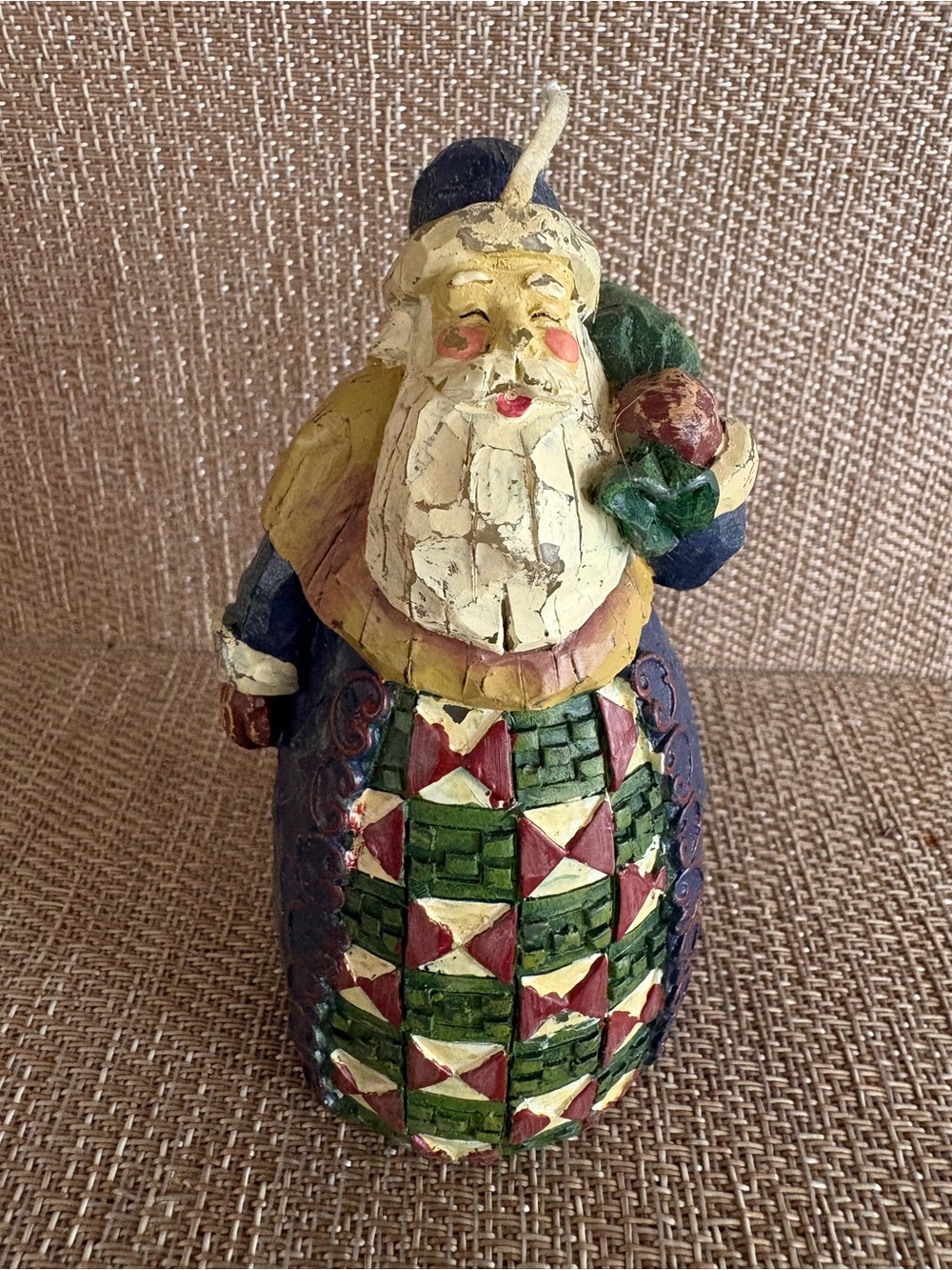 Vintage Santa Claus Single Wick Candle 4.5 Inches Tall Green Geometric Cute